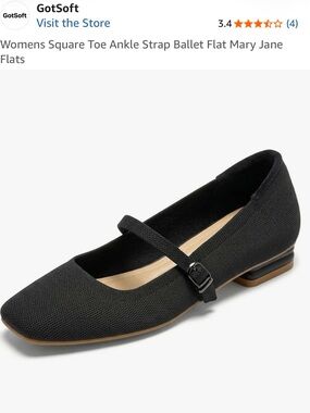 Black Square-Toe Mary Jane Ballet Flat with Ankle Strap